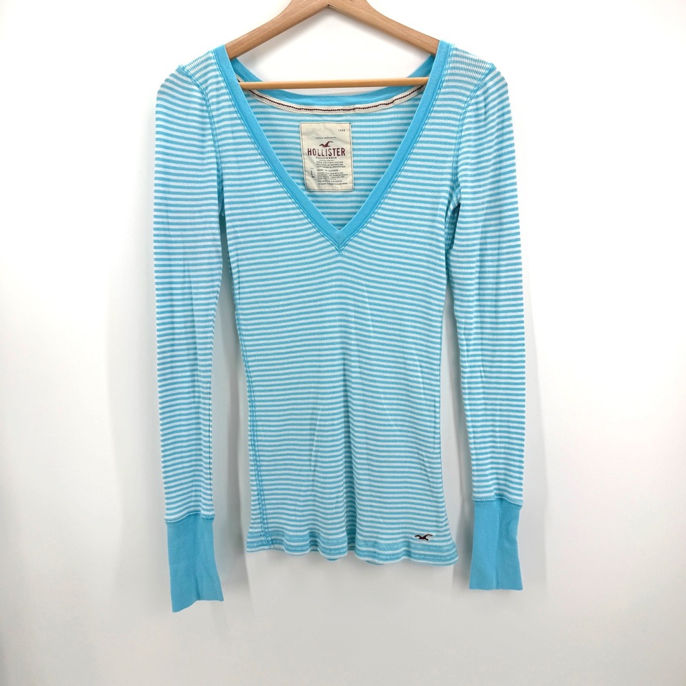 Y2K‎ Hollister Babydoll Top Women L Bella Swan Blue Striped Long Button Cuff VTG